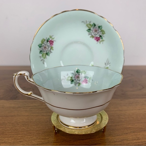 Paragon Teacup Saucer Set Mint Green Red White Roses Single Warrant Bone China - Picture 5 of 15